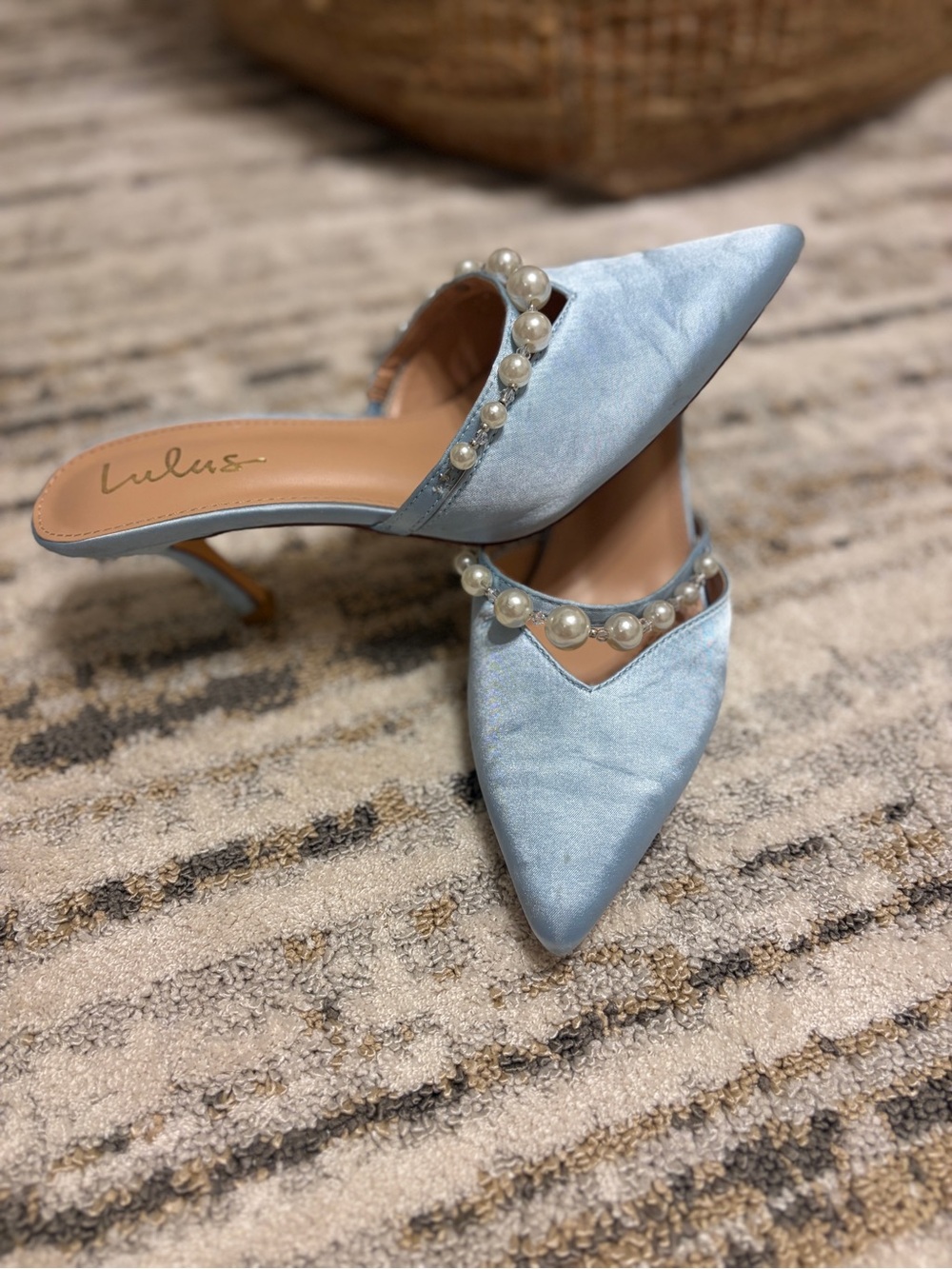 Lulu's | Light Blue Pearl-Strap Pointed Toe Mules